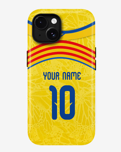 Phone case with yellow background, red and blue stripes, and customizable text.