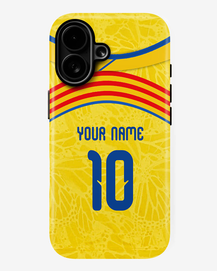 Yellow phone case with red and blue stripes, number 10, and space for personalization on a white background.