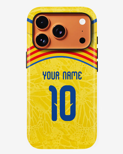 Phone case with a yellow background, blue number 10, and red and blue stripes.