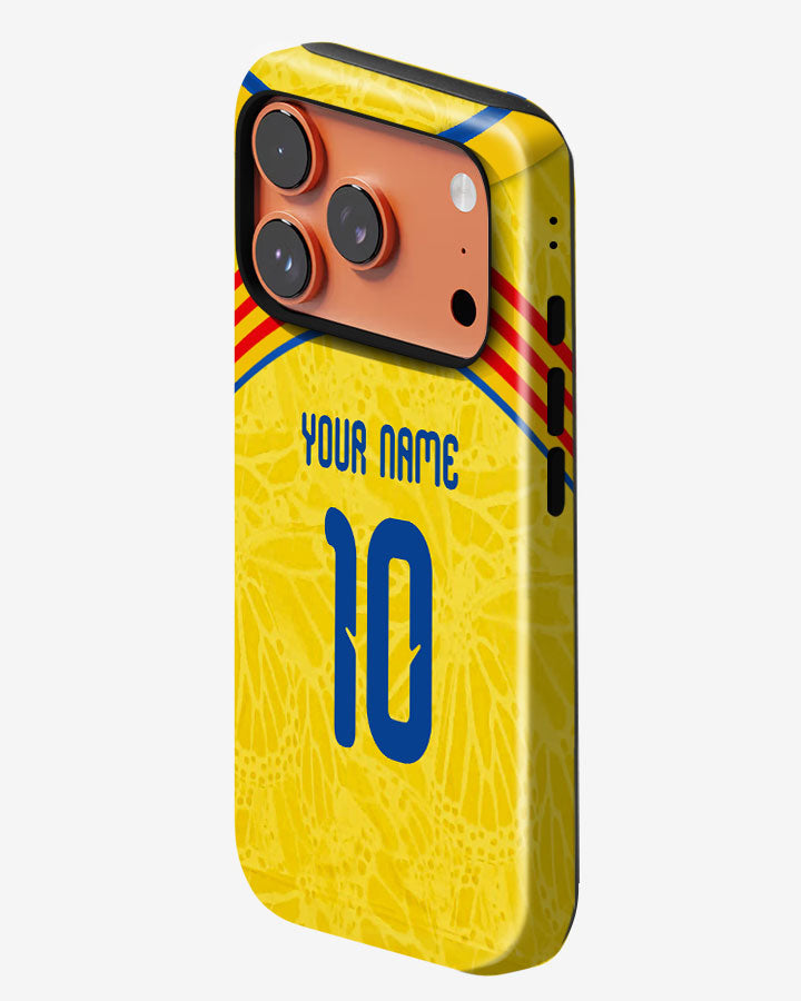 Phone case with soccer jersey design, customizable text on a yellow background