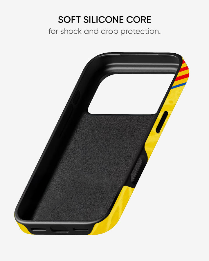 Phone case with soft silicone core for shock and drop protection on a white background