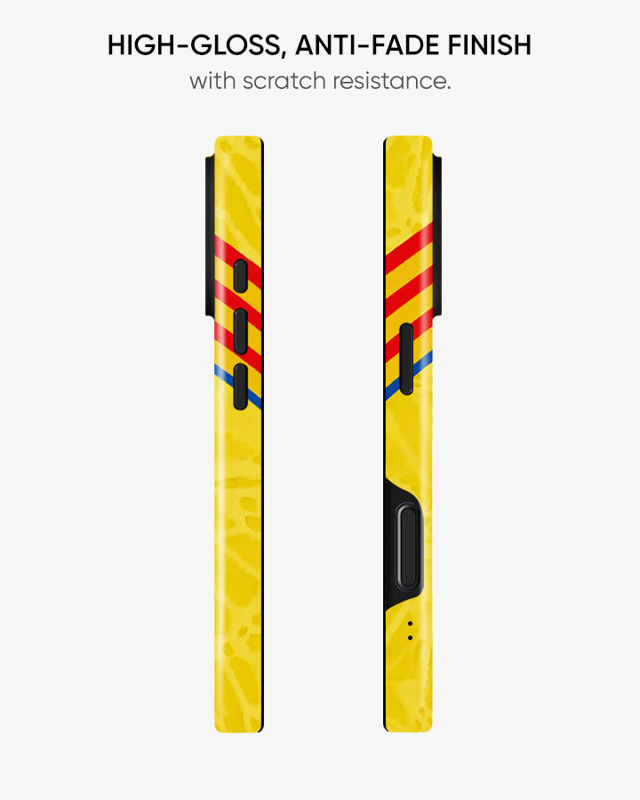 Yellow phone case with red and blue accents on a white background