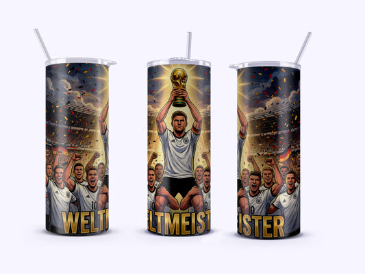 Three tumblers with soccer-themed designs and text on a white background