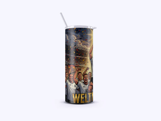 Tumbler with sports-themed design and 'Welt' text on a white background
