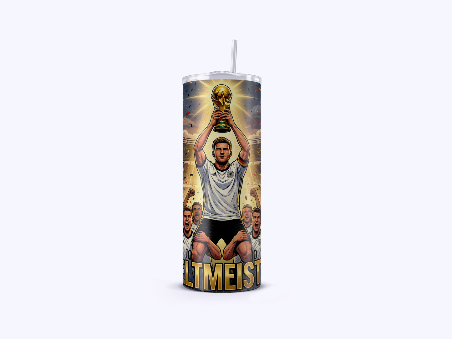 Tumbler with a soccer player holding a trophy and text on a white background