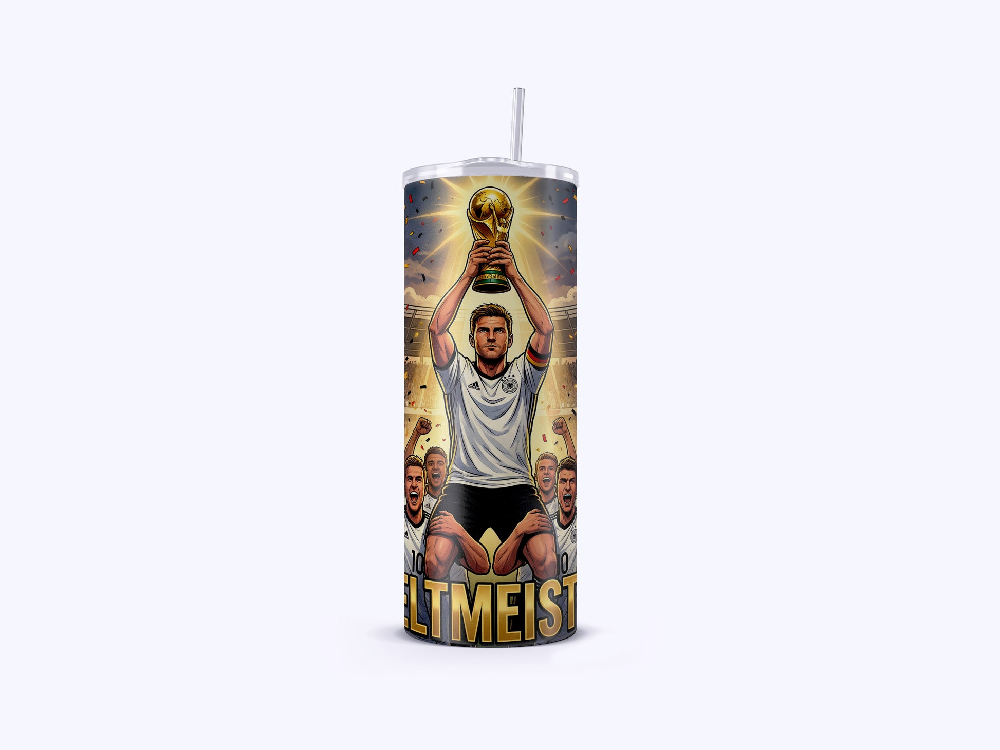 Tumbler with a soccer player holding a trophy and text on a white background