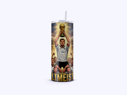 Tumbler with a soccer player holding a trophy and text on a white background