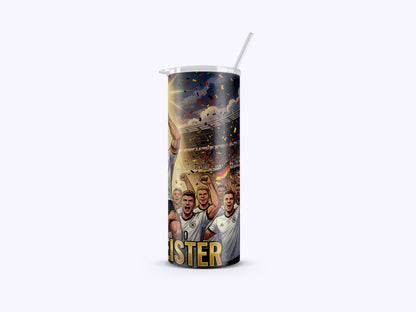 Tumbler with a design of soccer players and the word 'Winner' on a white background