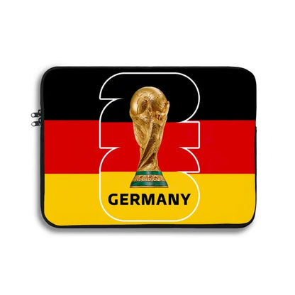 Laptop sleeve with German flag design and World Cup trophy, on a white background