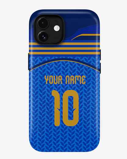 Blue phone case with gold accents and customizable text on a white background
