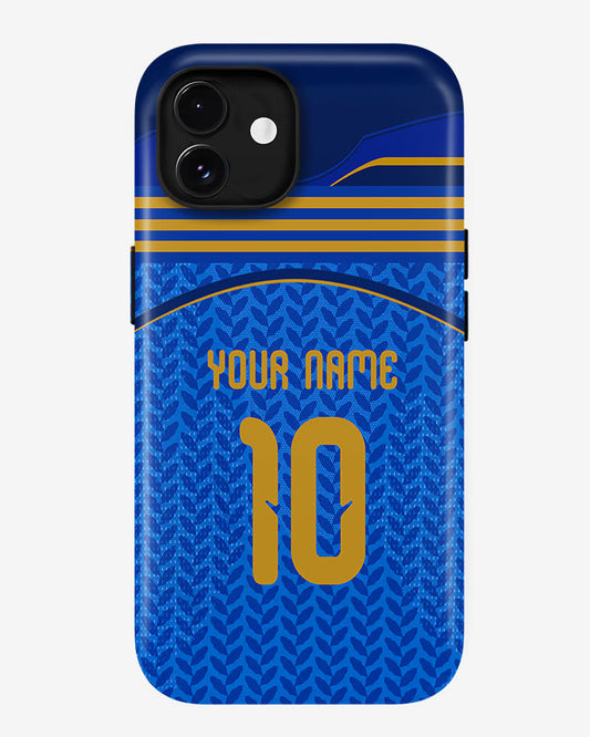 Blue phone case with gold accents and customizable text on a white background