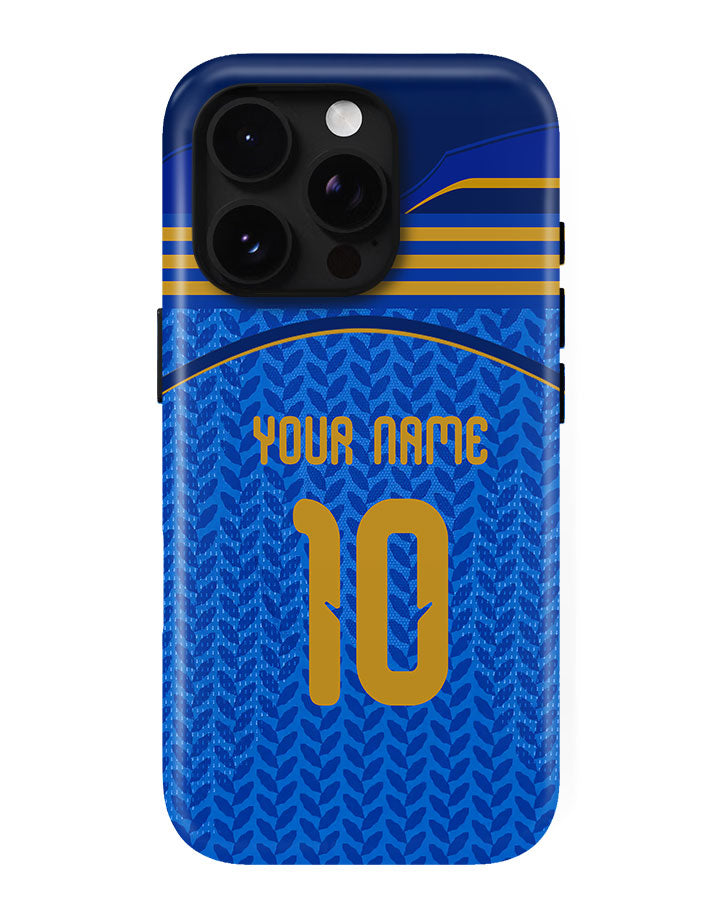 Blue phone case with yellow text and design on a white background