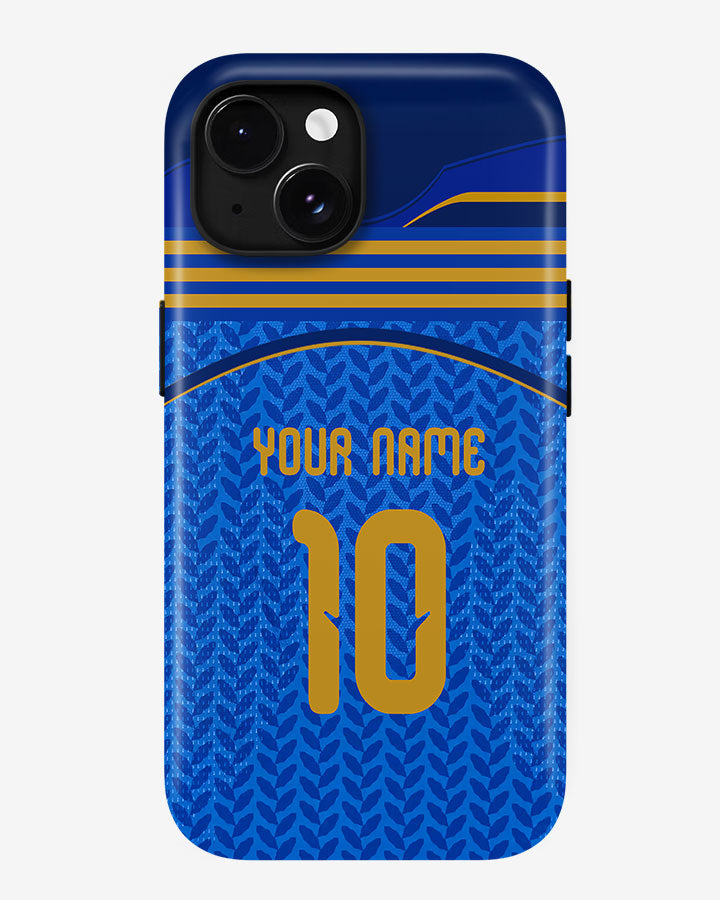Blue phone case with gold accents and customizable text on a white background