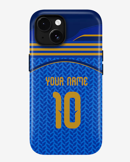 Blue phone case with gold accents and customizable text on a white background