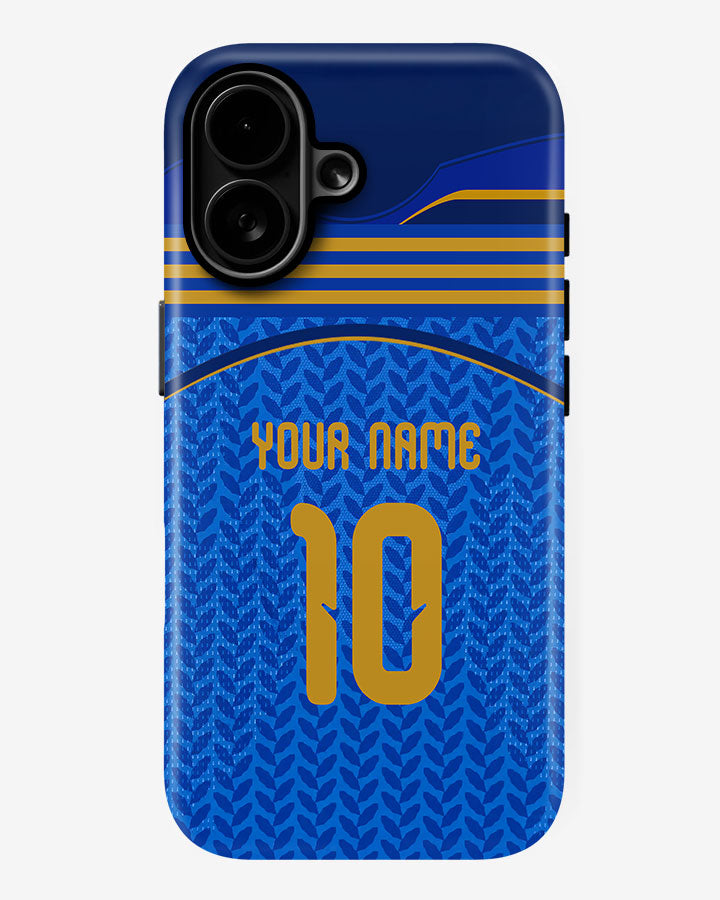 Blue phone case with yellow text and number, customizable with name and number