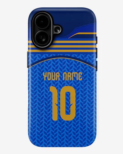 Blue phone case with yellow text and number, customizable with name and number