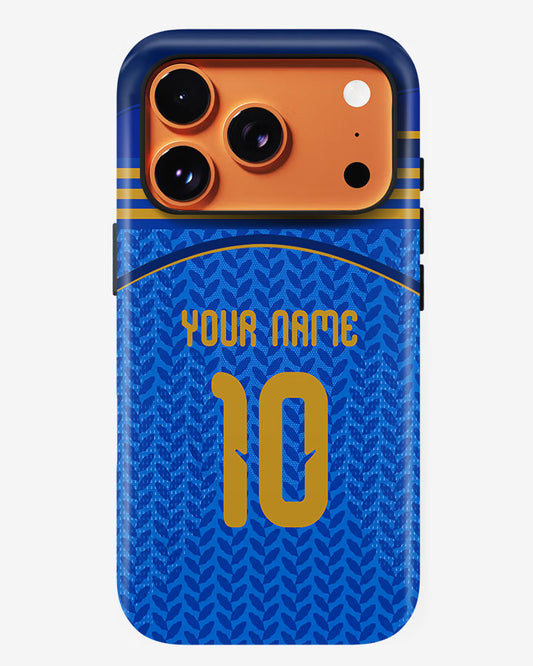 Blue phone case with orange accents and customizable text on a white background