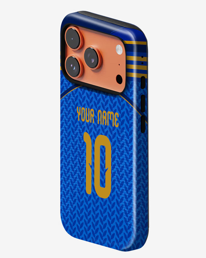 Blue phone case with orange accents and customizable text on a white background