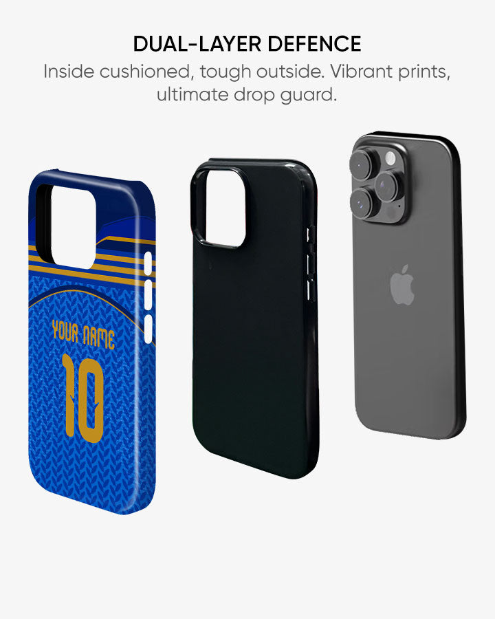 Phone case with blue and yellow design, black case, and gray case on a white background.