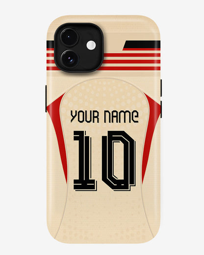 Phone case with customizable text on a beige background