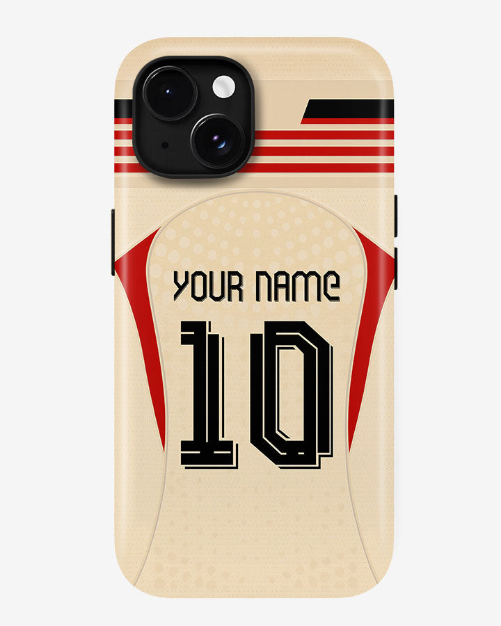 Phone case with customizable text on a beige background