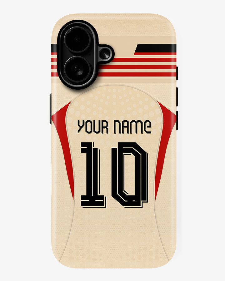 Phone case with customizable text on a beige background