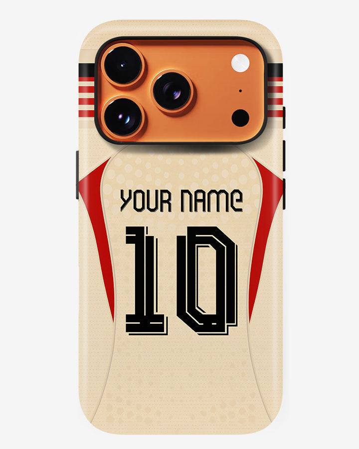 Phone case with customizable name and number on a beige background