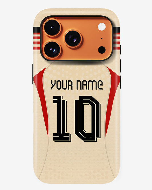 Phone case with customizable name and number on a beige background