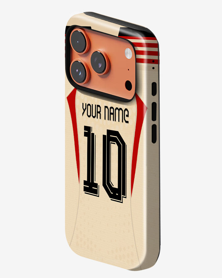 Phone case with customizable text on a white background