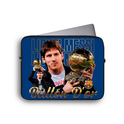 Laptop sleeve with Lionel Messi holding trophies and Barcelona logo on a blue background