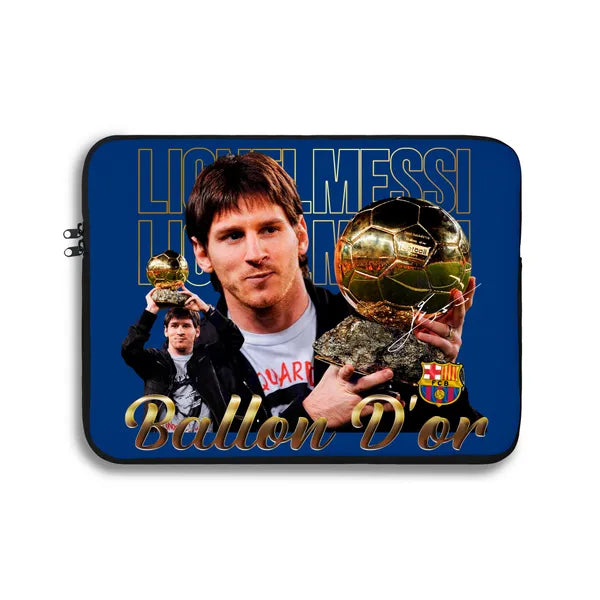 Laptop sleeve with Lionel Messi holding trophies and Barcelona logo on a blue background