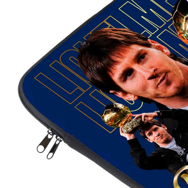 Laptop sleeve with a person holding a trophy and text on a blue background