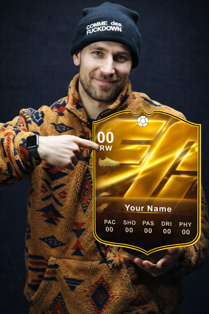 Man holding a golden virtual card with stats on a dark background