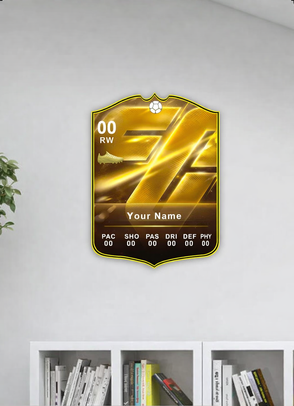 Gold-themed card with 'EA' logo on a white wall above a bookshelf.