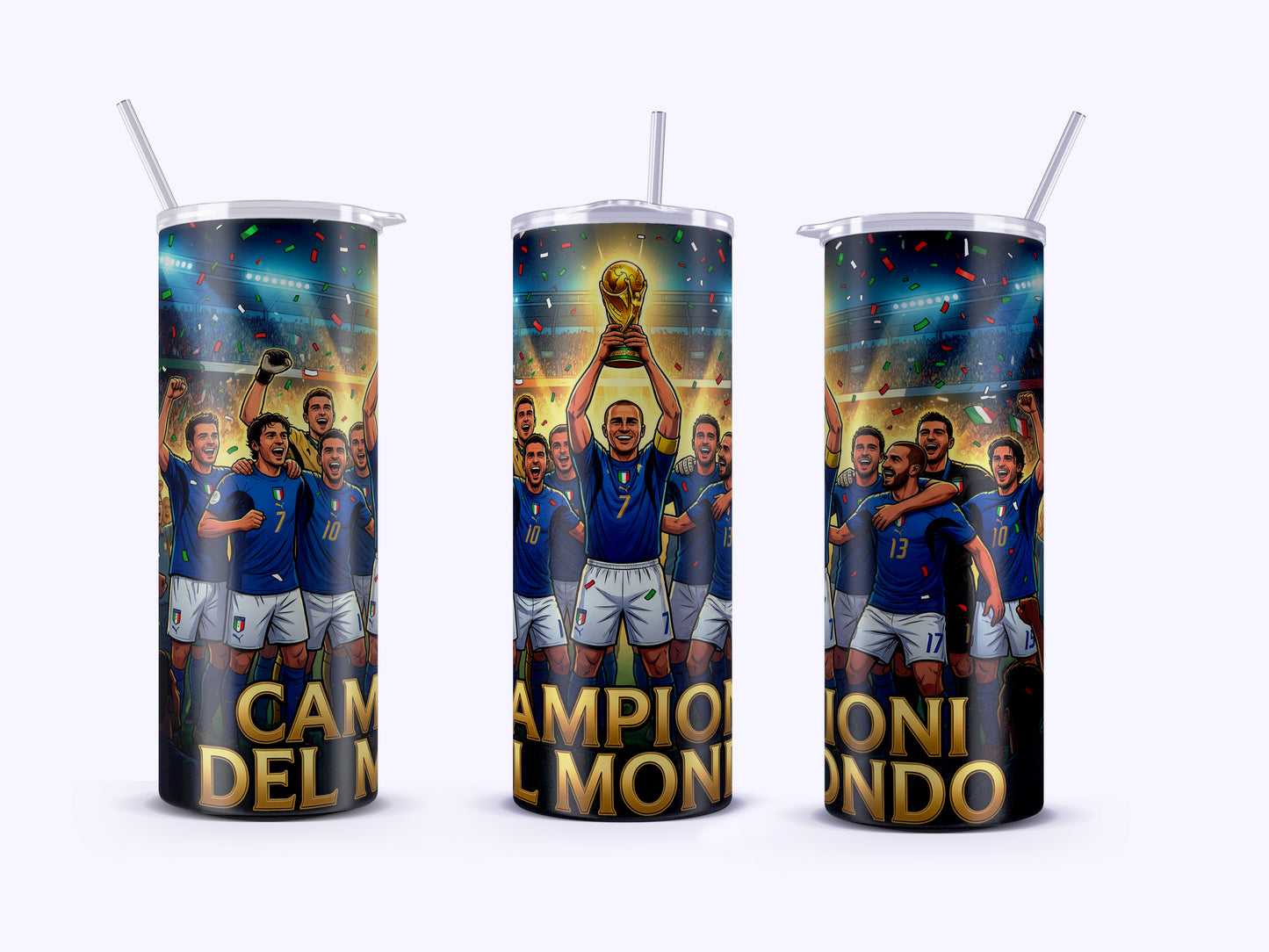 Three tumblers with soccer-themed design featuring players and a world cup trophy on a white background.