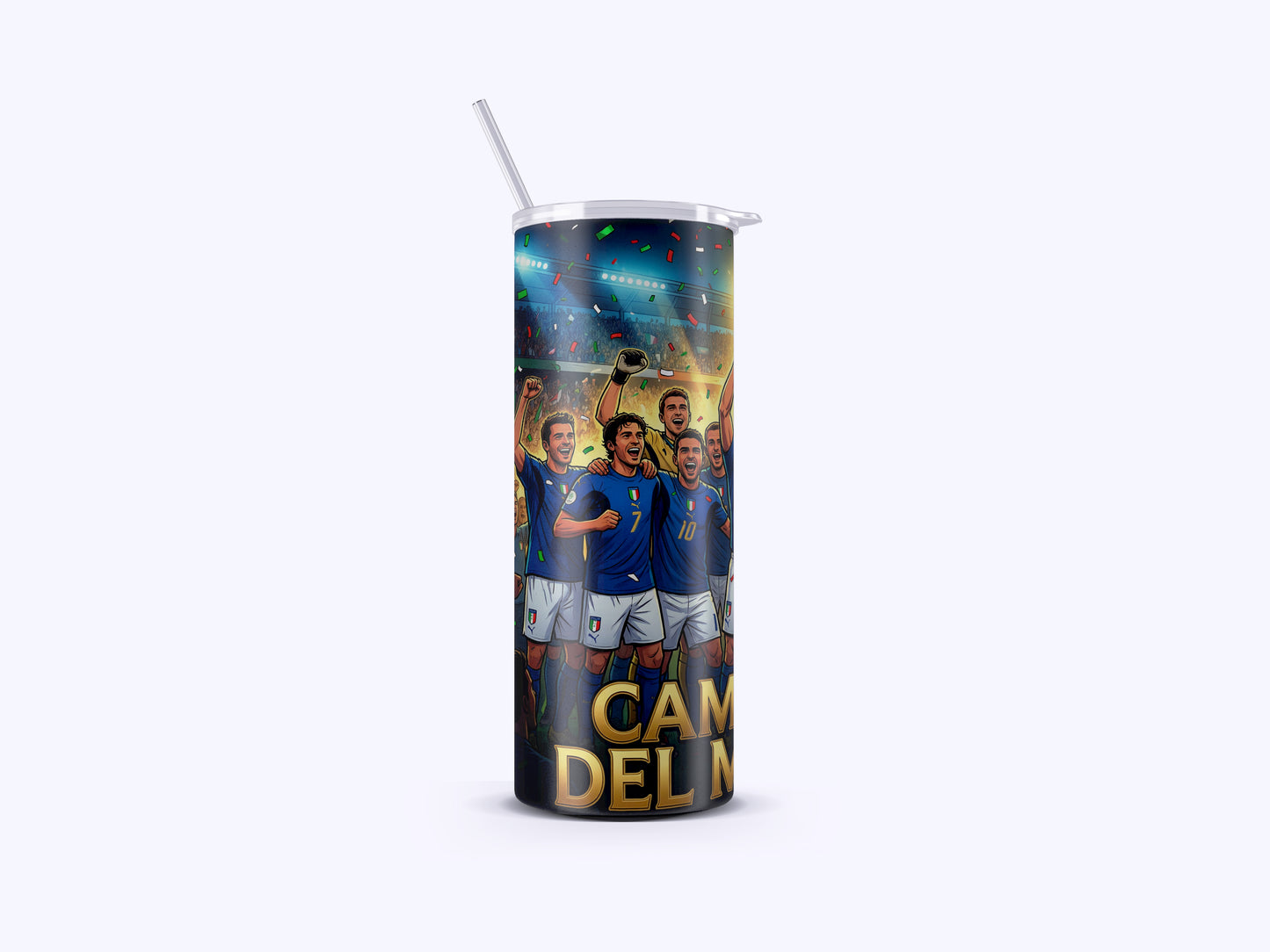 Tumbler with soccer player design and 'Cam Delin' text on a white background
