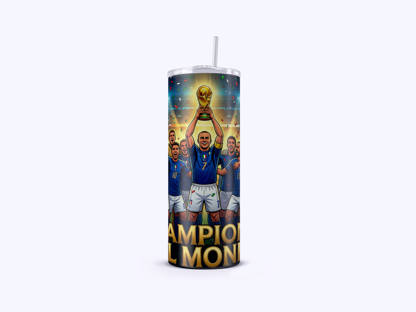 Tumbler with soccer players holding a trophy and 'Champion' text on a white background