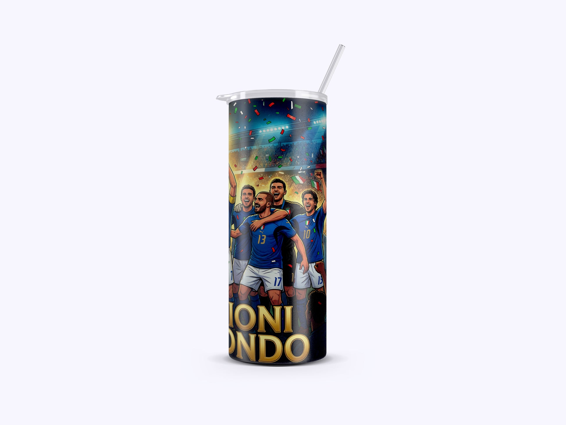 Tumbler with soccer player design and text on a white background