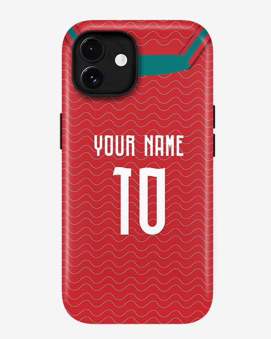 Red phone case with text 'Your Name To' on a white background
