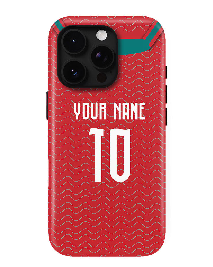 Red phone case with wavy pattern, black camera lens, and space for personalization on a white background