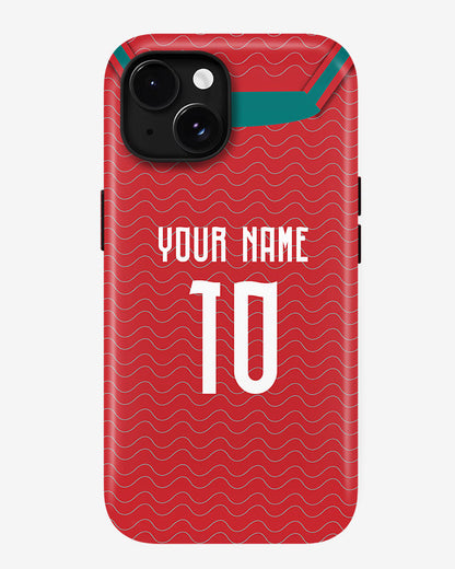 Red phone case with wavy pattern and customizable text on a white background