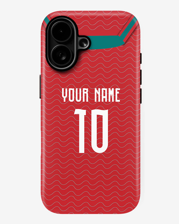 Red phone case with wavy pattern and customizable text on a white background