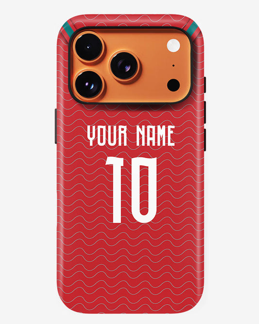 Red phone case with customizable text on a white background
