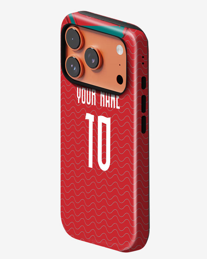 Red phone case with wavy pattern and customizable text on a white background