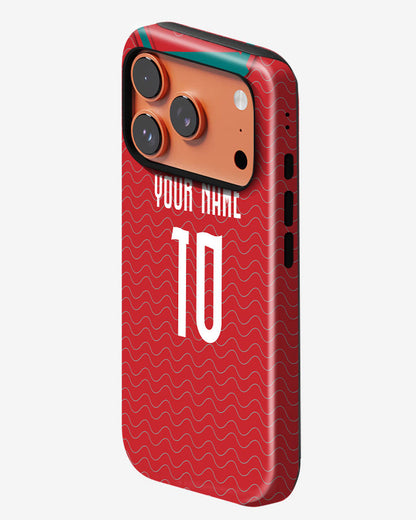 Red phone case with wavy pattern and customizable text on a white background