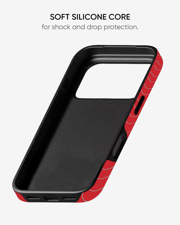 Black and red phone case with soft silicone core feature on a white background