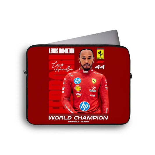 Laptop sleeve with Lewis Hamilton design on a white background
