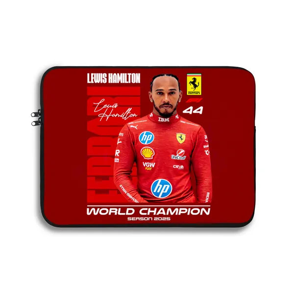 Laptop sleeve with Lewis Hamilton design on a red background