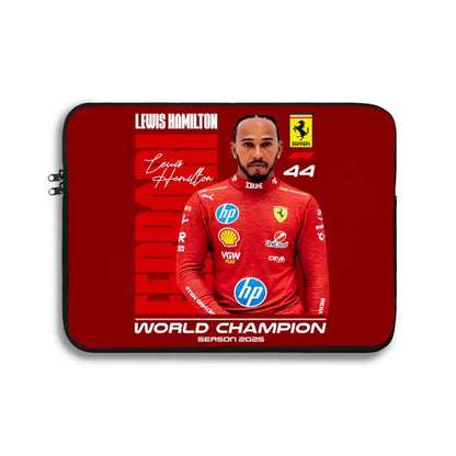 Laptop sleeve with Lewis Hamilton design on a red background