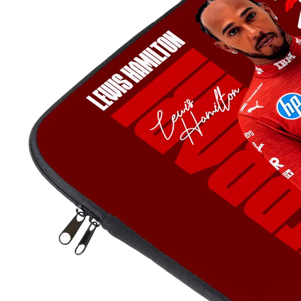 Laptop sleeve with Lewis Hamilton branding and signature on a red background